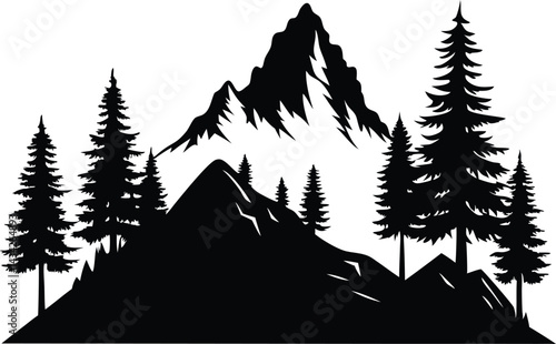 Mountain and Pine Forest Silhouette Icon, Forest and Mountain Vector
