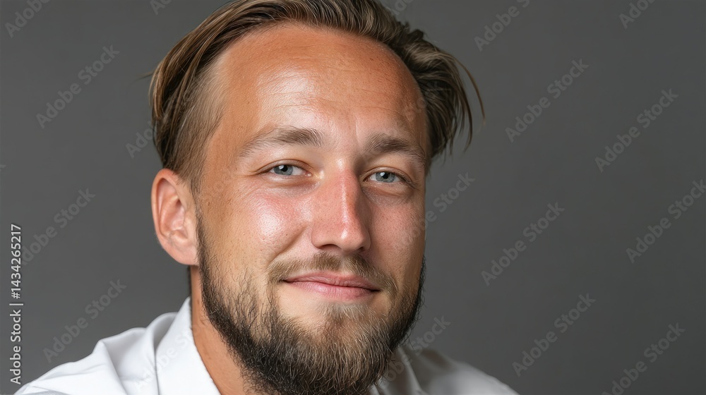 Obraz premium Man smiles with kind eyes and blonde hair, with beard