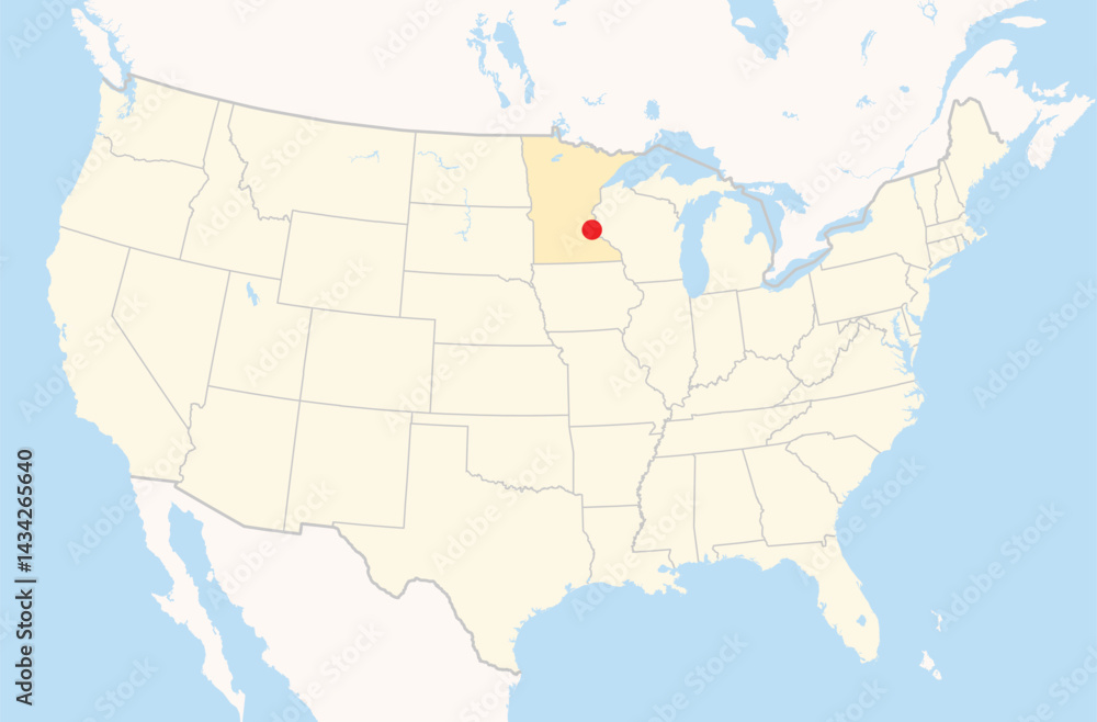 Obraz premium Location Map of the city Woodbury in Minnesota, USA. The state is marked orange and the city is highlighted with a red dot. No labels at all.