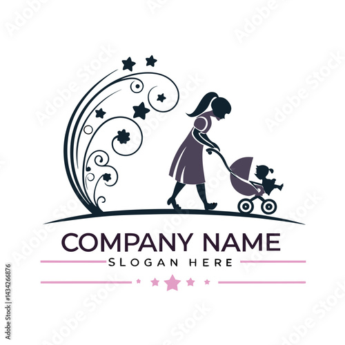 Mother pushing baby stroller with floral design