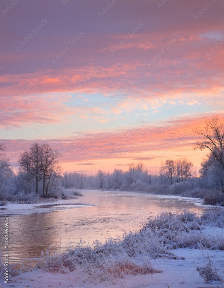 Winter Sunset over River with Orange and Pink Clouds Winter Sunset over River with Orange and Pink Clouds