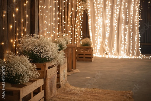 A rustic barn wedding background with wooden crates, fairy lights, and burlap accents for a cozy, countryside feel