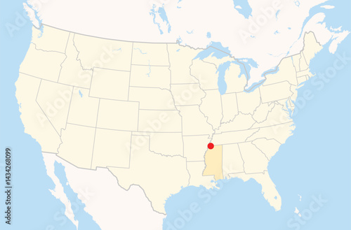 Location Map of the city Southaven in Mississippi, USA. The state is marked orange and the city is highlighted with a red dot. No labels at all.