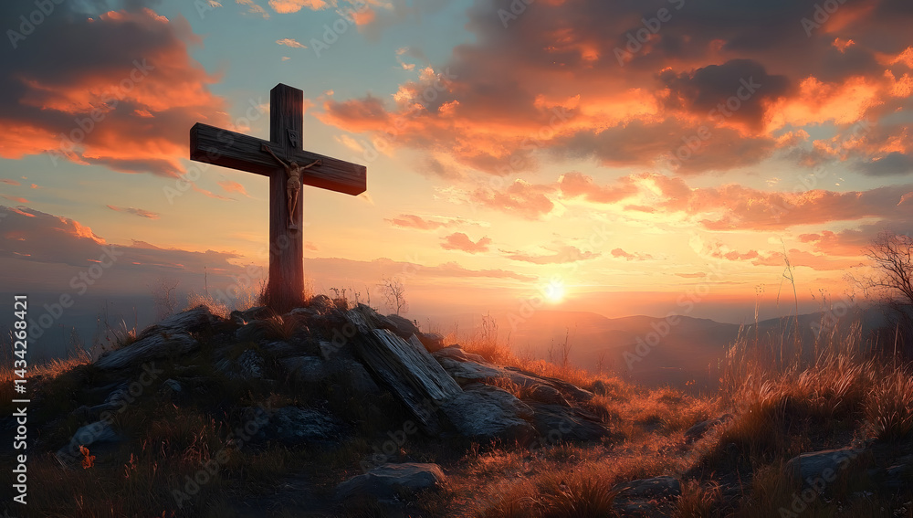 Hyperrealistic Painting of Weathered Wooden Cross on Hilltop at Sunrise
