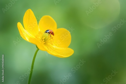 A ladybug perched on the yellow petals of an English buttercup, with a blurred green background Generative AI