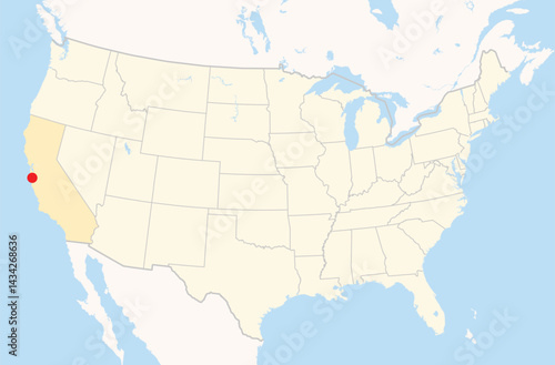 Location Map of the city Santa Cruz in California, USA. The state is marked orange and the city is highlighted with a red dot. No labels at all.