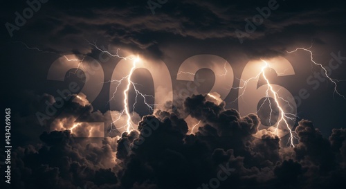 new year future upcoming 2026 number font banner symbol logo illustration vector digital design storm clouds