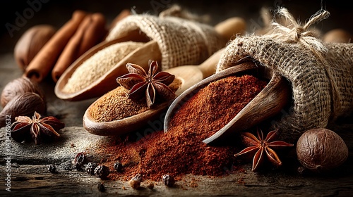 Fototapeta Naklejka Na Ścianę i Meble -  A group of spices with a burlap bag and wooden scoops are set on wood surface.
