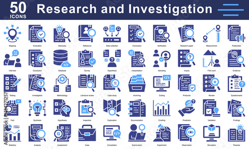 Research and investigation icons for academic, scientific, and data projects—covering analysis, discovery, validation, reports, and more.