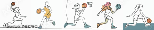 set vector continuous one line people playing basketball
