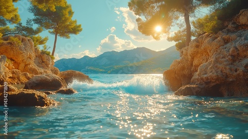 Fototapeta Naklejka Na Ścianę i Meble -  Sunset Waves Crashing Rocky Cove.