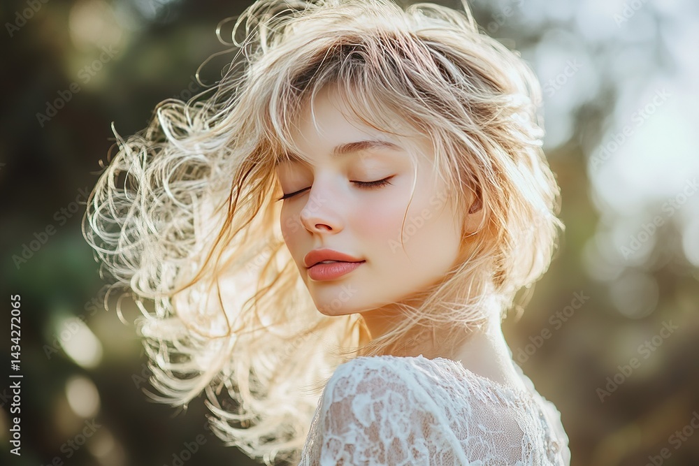 Dreamy Portrait: Woman with windswept blond hair eyes closed serene facial expression Dreamy Portrait: Woman with windswept blond hair eyes closed serene facial expression
