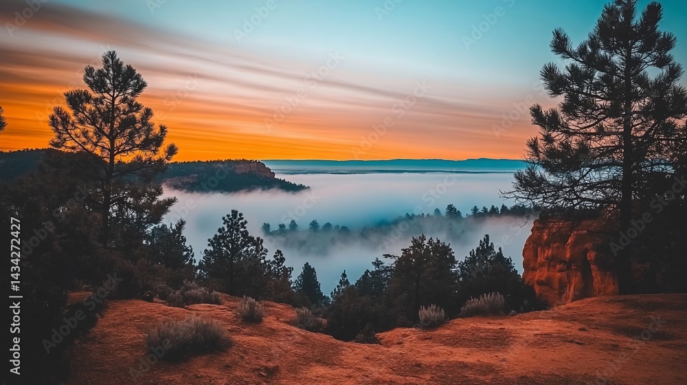 Naklejka premium Sunrise over a misty valley. A breathtaking view of a tranquil valley blanketed in a colorful sunrise. Pine trees frame the scene