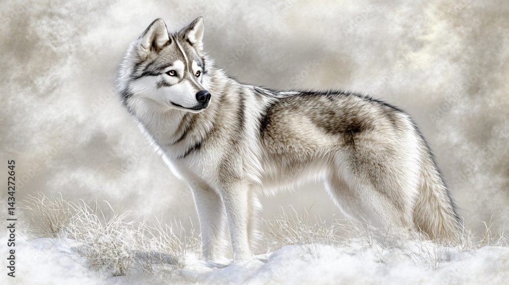 Fototapeta premium Majestic husky standing proudly in a snowy, misty environment