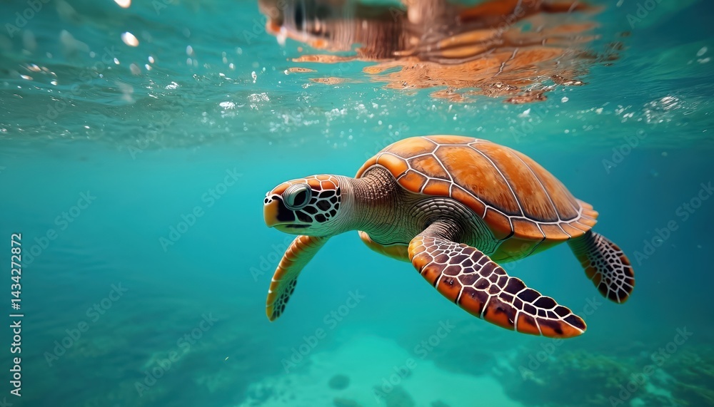Obraz premium Sea turtle swims underwater, ocean, tropical paradise. Wildlife animal with shell, sea life, marine ecosystem, diving at depth of blue water. Close-up portrait of turtle with details.