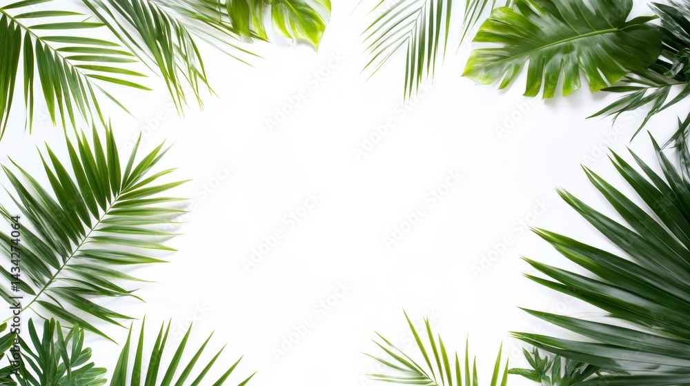 Lush green tropical palm leaves frame on white background. Lush green tropical palm leaves frame on white background.