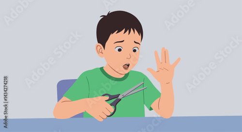 Scared boy handling scissors at home, child safety scenes  