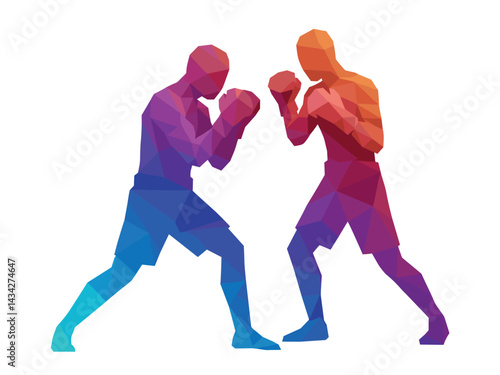 Two boxers facing off in a colorful geometric style  