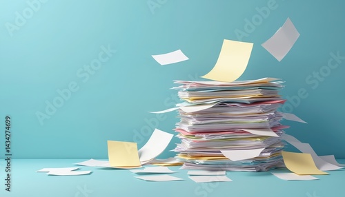 Stack paperwork papers files documents on table. Work, overwork concept. Many papers flying around. Office work, busy work environment. Business or bureaucracy.