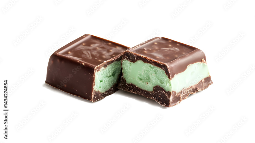 A chocolate bar with a green filling is cut in half A chocolate bar with a green filling is cut in half