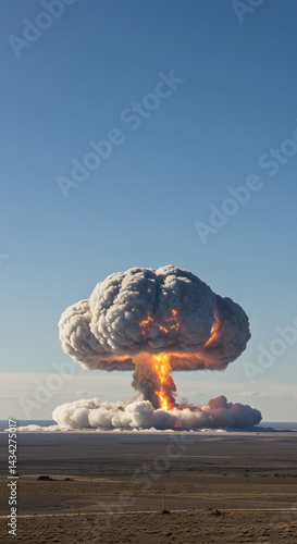 A breathtaking view of a nuclear explosion producing a towering mushroom cloud in a desert scene.