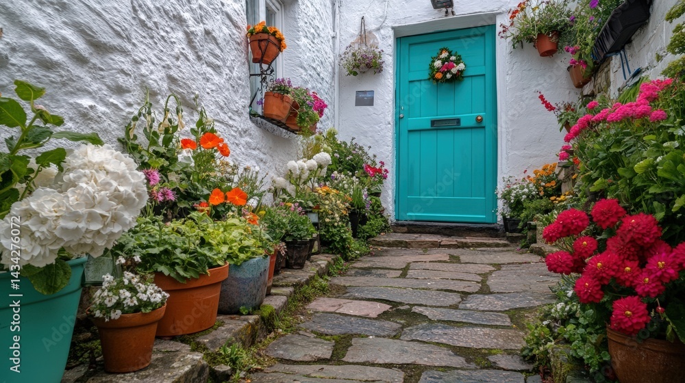 Naklejka premium Charming pathway with colorful flowers and a bright teal door inviting you in. A beautiful scene full of life and vibrant colors.