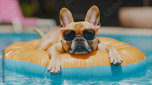 Funny animal summer holiday vacation travel photography banner background - French bulldog dog with sunglasses, lying on air mattress, relaxing chilling in the swimming pool water