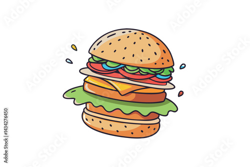 tasty hamburger with flying ingredients one line c 6.eps