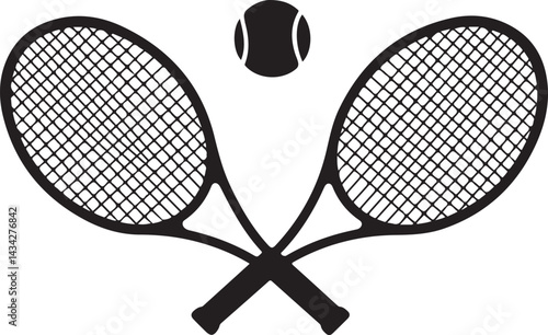 Vector black flat cartoon crossed tennis racket and ball isolated on white background