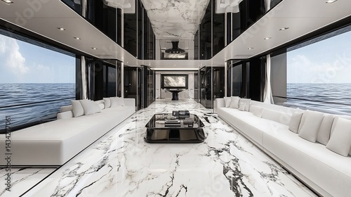 Luxurious yacht interior.  Vast, modern living space with panoramic ocean views.  Sleek white sofas, marble flooring, and black accents