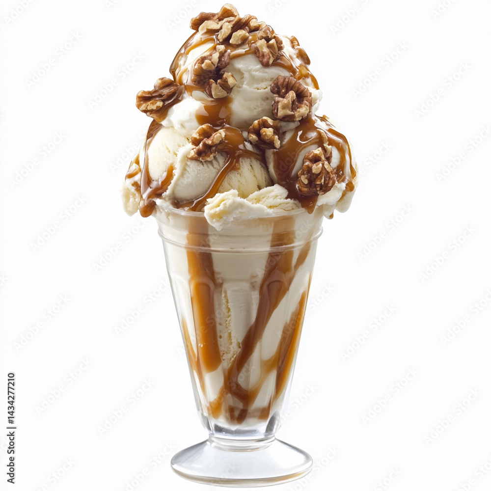 Caramel Walnut Delight ice cream sundae with tasty toppings Generative AI