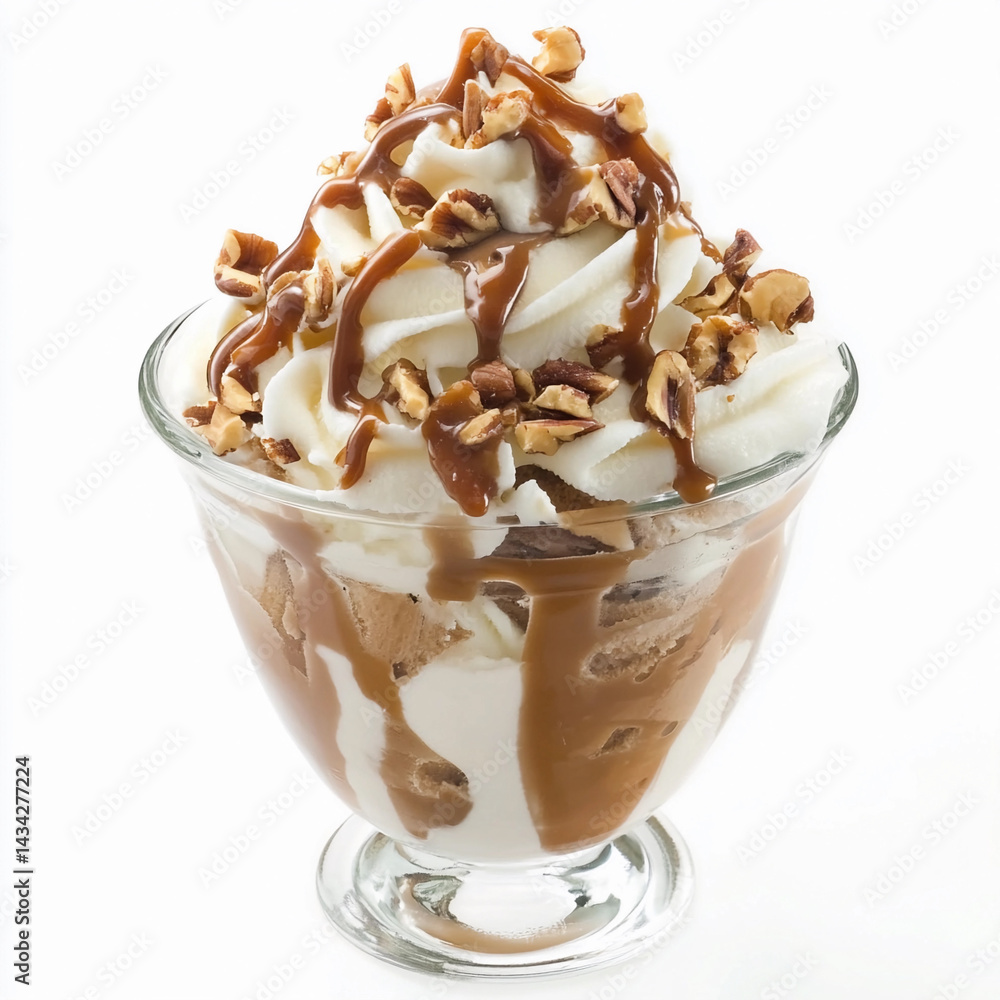 Caramel walnut delight ice cream sundae served in a glass bowl Generative AI