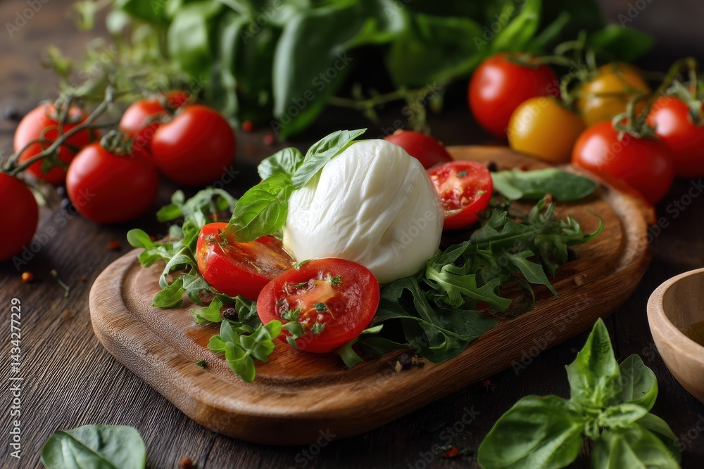 Fresh mozzarella cheese with ripe cherry tomatoes and basil on a rustic wooden board. A simple, yet elegant culinary presentation. Fresh mozzarella cheese with ripe cherry tomatoes and basil on a rustic wooden board. A simple, yet elegant culinary presentation.