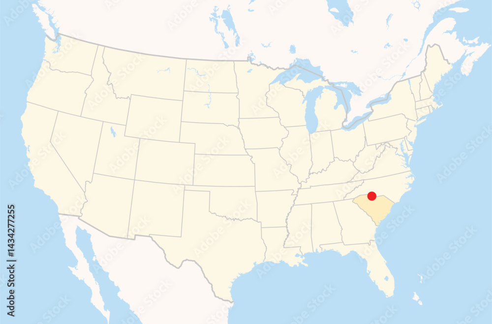 Obraz premium Location Map of the city Rock Hill in South Carolina, USA. The state is marked orange and the city is highlighted with a red dot. No labels at all.