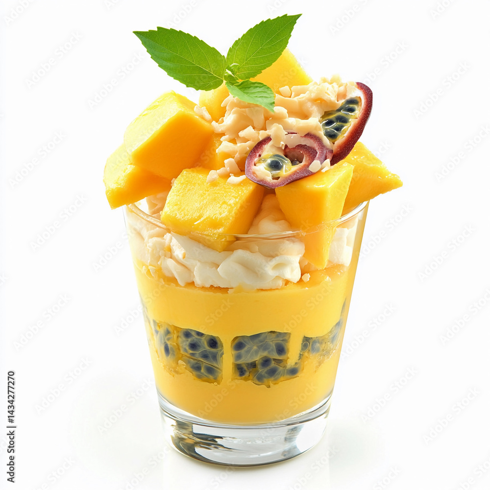 Exotic sundae with mango and passion fruit topped with mint Generative AI