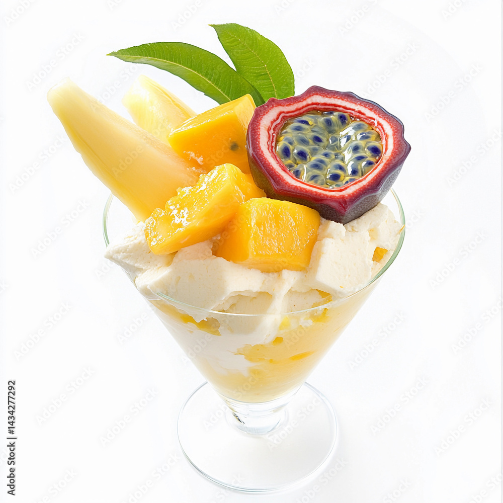 Delicious mango and passion fruit sundae served in a glass Generative AI