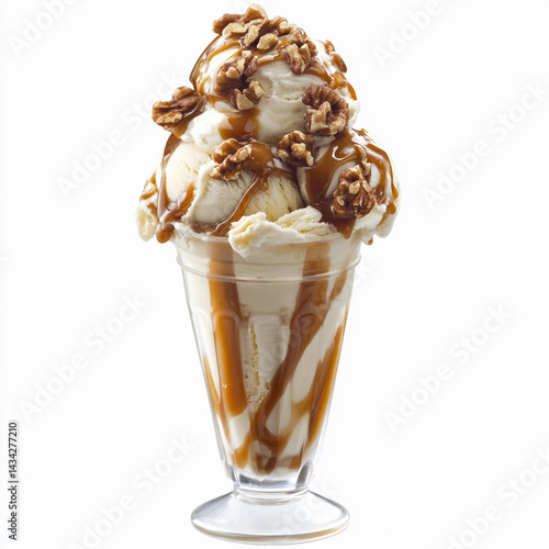 Obraz na płótnie Caramel Walnut Delight ice cream sundae with tasty toppings Generative AI w salonie