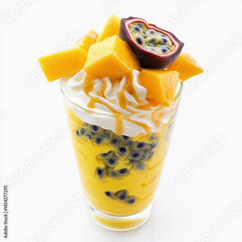 Exotic mango and passion fruit sundae in a tall glass Generative AI