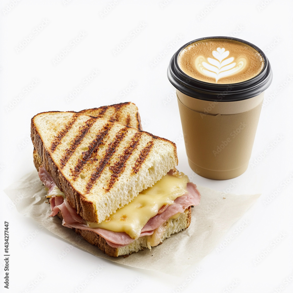 Savoring a grilled ham and cheese sandwich with coffee Generative AI