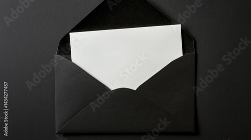 Black envelope with blank white card on dark background, top view composition.