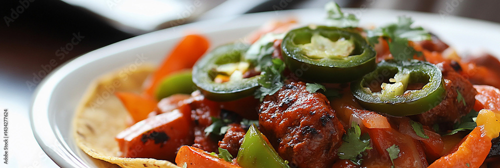 Gourmet Mexican meat dish with vibrant vegetables and tortillas Generative AI