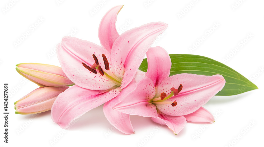 Fototapeta premium Three pink flowers with green leaves