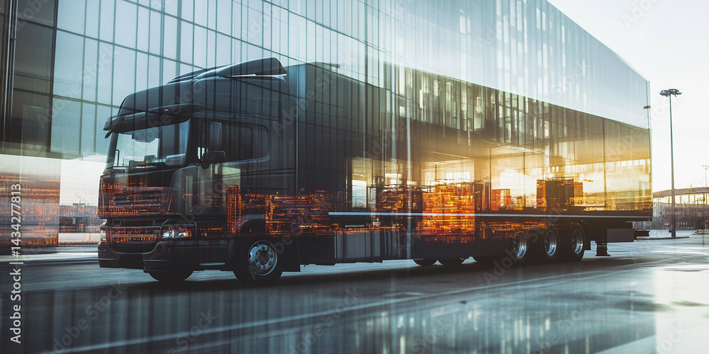 Modern logistics truck navigating an urban landscape at sunset Generative AI