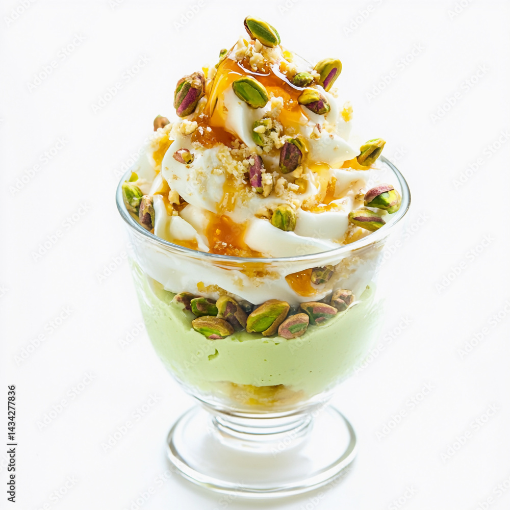 Pistachio and honey bliss sundae served in a glass dish Generative AI