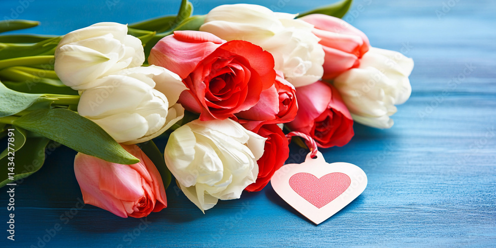 Fresh flowers and heart tag for spring celebrations Generative AI