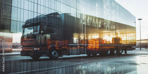 Obraz na płótnie Modern logistics truck navigating an urban landscape at sunset Generative AI w salonie