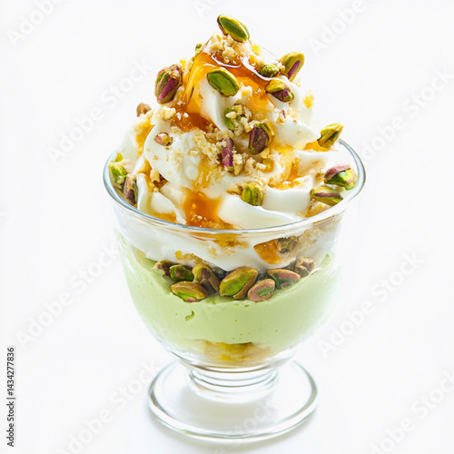 Obraz na płótnie Pistachio and honey bliss sundae served in a glass dish Generative AI w salonie