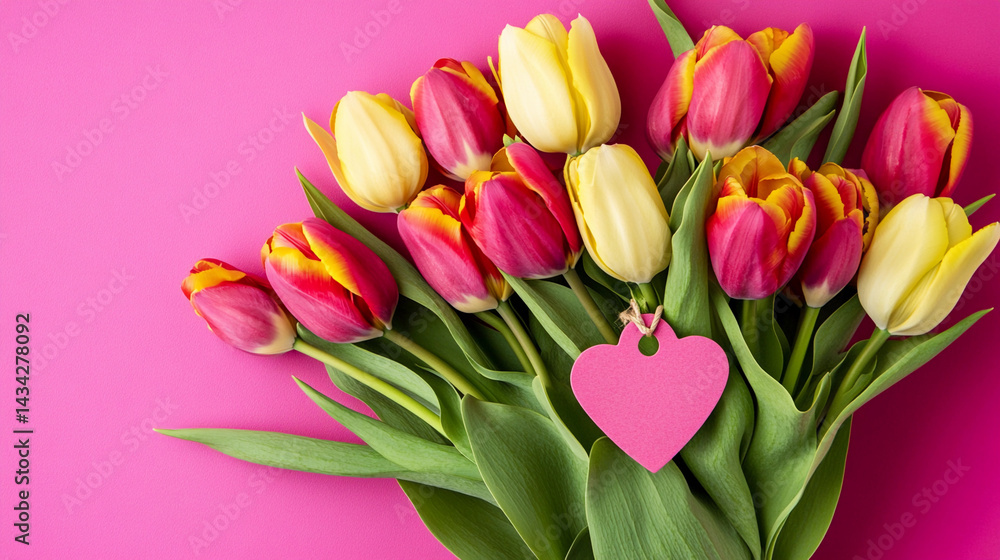 Colorful tulips with heart tag for spring celebration Generative AI
