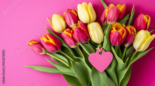 Obraz na płótnie Colorful tulips with heart tag for spring celebration Generative AI w salonie