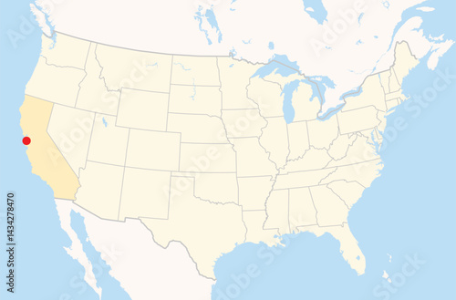Location Map of the city Redwood City in California, USA. The state is marked orange and the city is highlighted with a red dot. No labels at all.